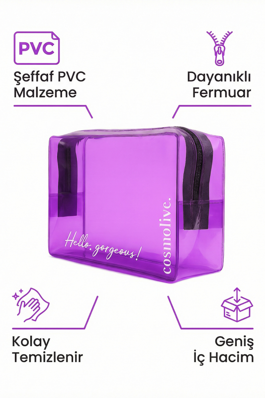 Şeffaf Seyahat Cilt Bakım, Makyaj ve Kozmetik Düzenleme Çantası PVC Mor Large