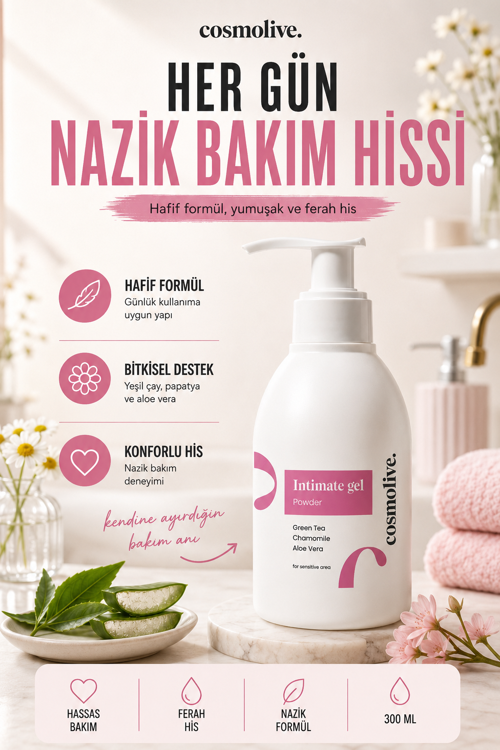 İntim Yıkama Jeli 300ml Genital Bölge Koku Giderici Batık Giderici Aloe Vera & Papatya