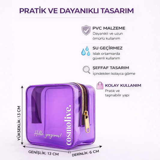 Şeffaf Seyahat Cilt Bakım, Makyaj ve Kozmetik Düzenleme Çantası PVC Mor
