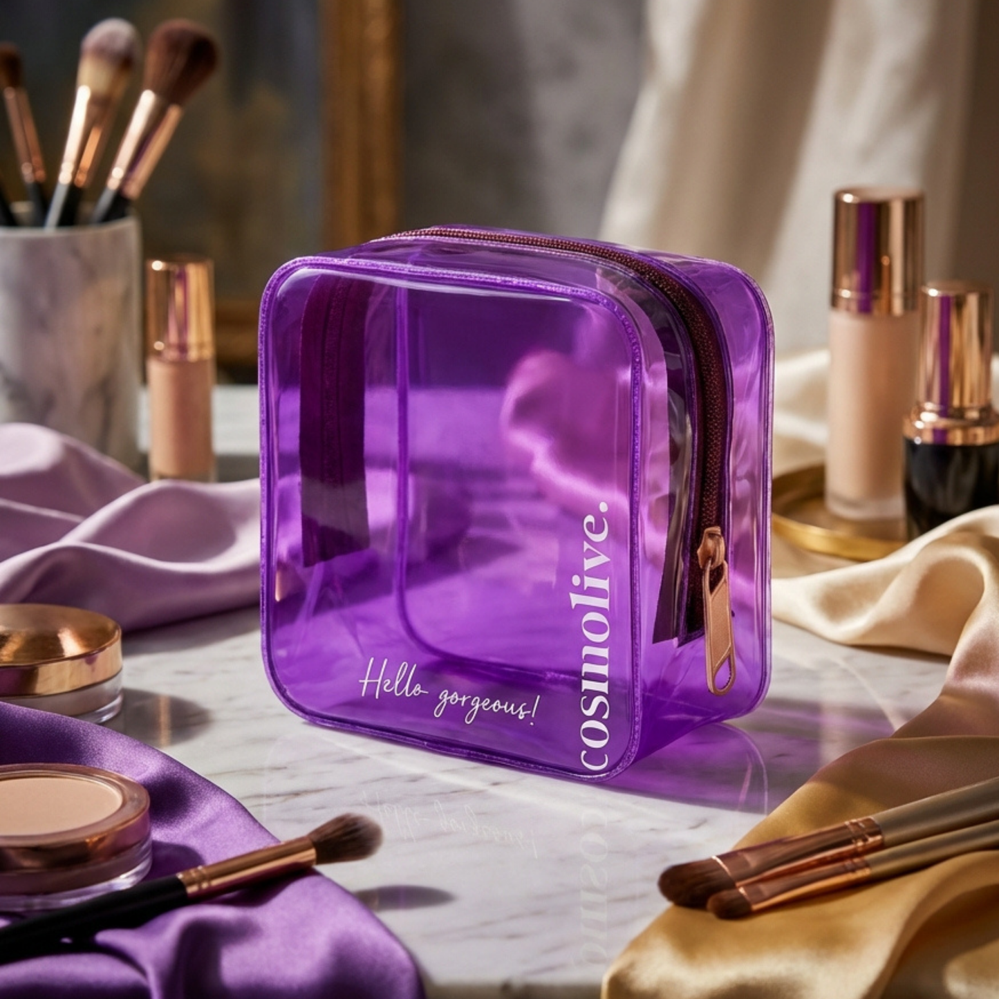 Şeffaf Seyahat Cilt Bakım, Makyaj ve Kozmetik Düzenleme Çantası PVC Mor