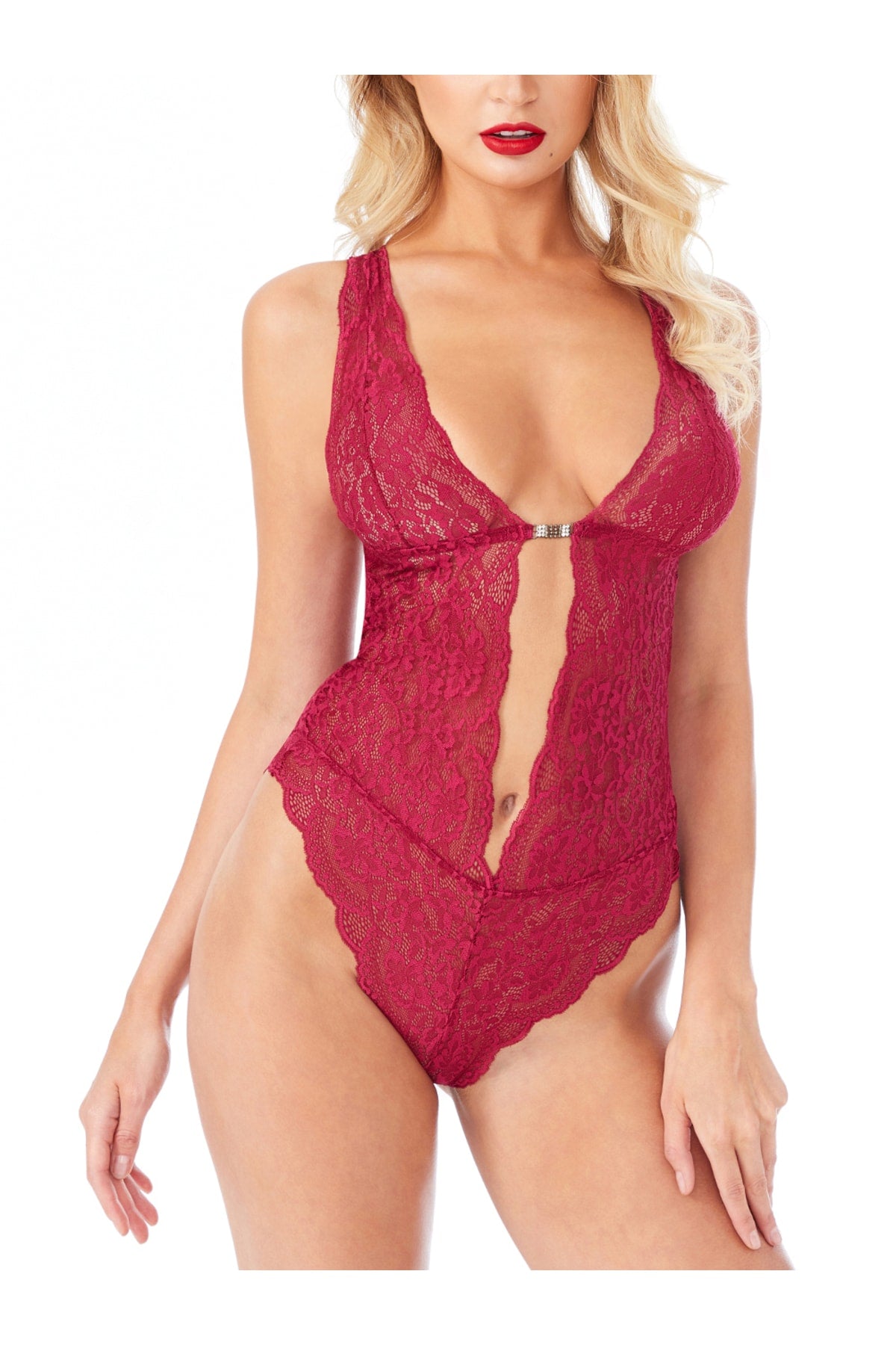 Kadın Babydoll Bodysuit Taş Detaylı Ayarlanabilir Askılar Vişne Renk