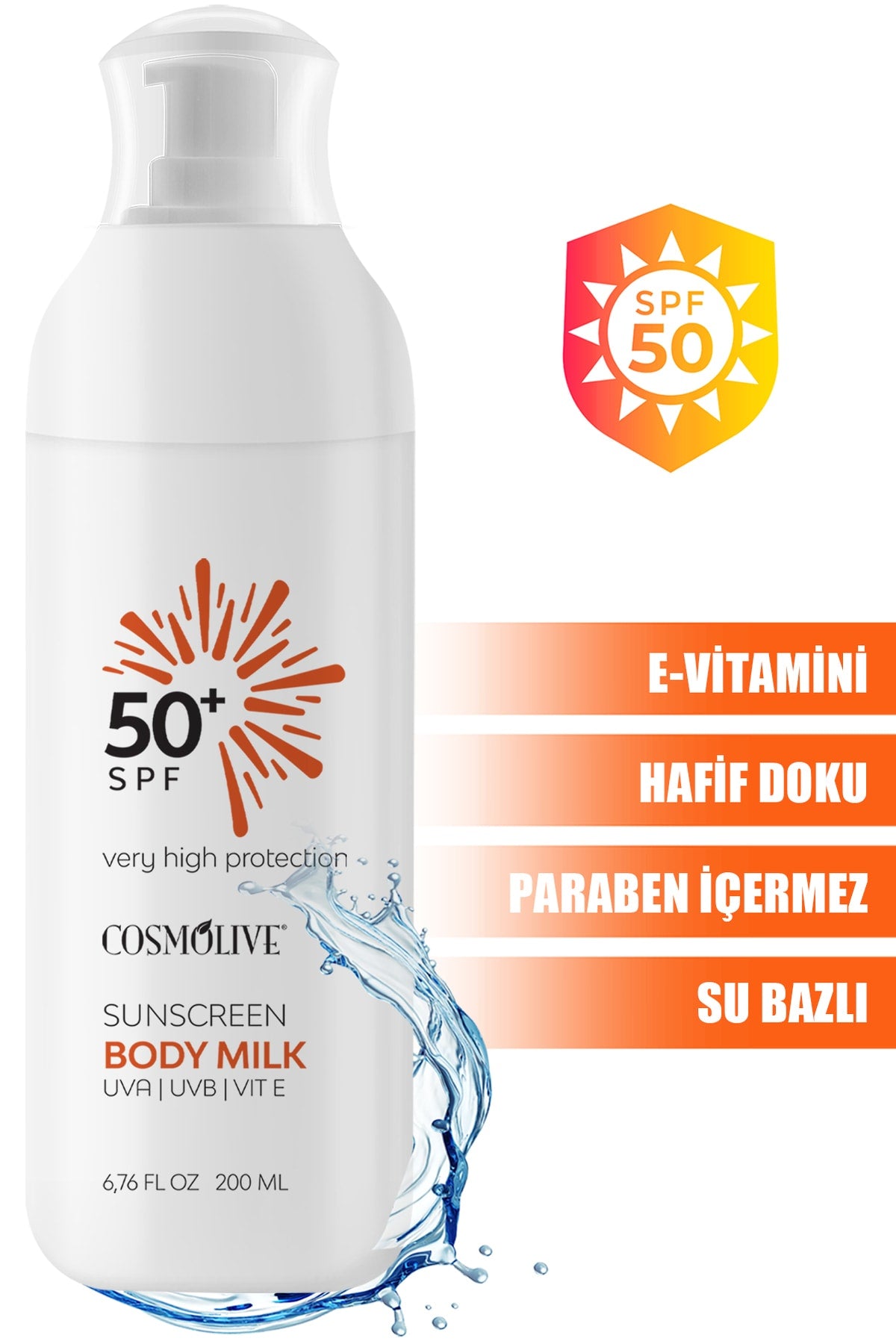 Doğal Güneş Kremi Spf +50 - 200 Ml Suya Dayanıklı Su Bazlı Vücut Sütü, Vit-e, Hafif Doku