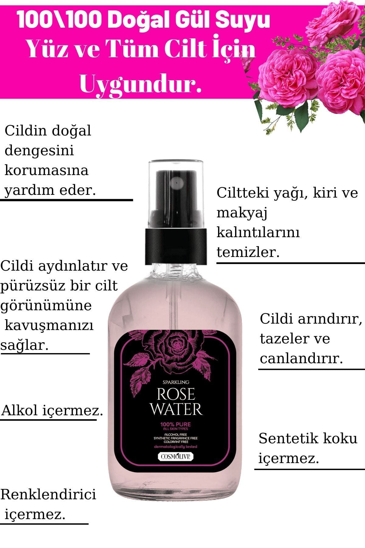 Gül Suyu %100 Saf Aydınlatıcı Gözenek Sıkılaştırıcı Püskürtmeli Cam Şişe 240 ml - 2