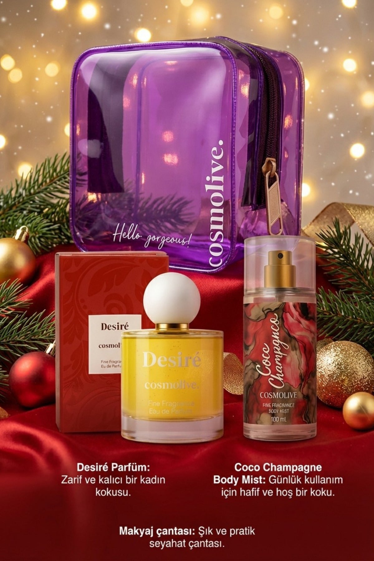 Premium Yılbaşı Ürünleri Hediye Seti Makyaj Çantası, Kadın Parfüm Ve Vücut Spreyi Body Mist
