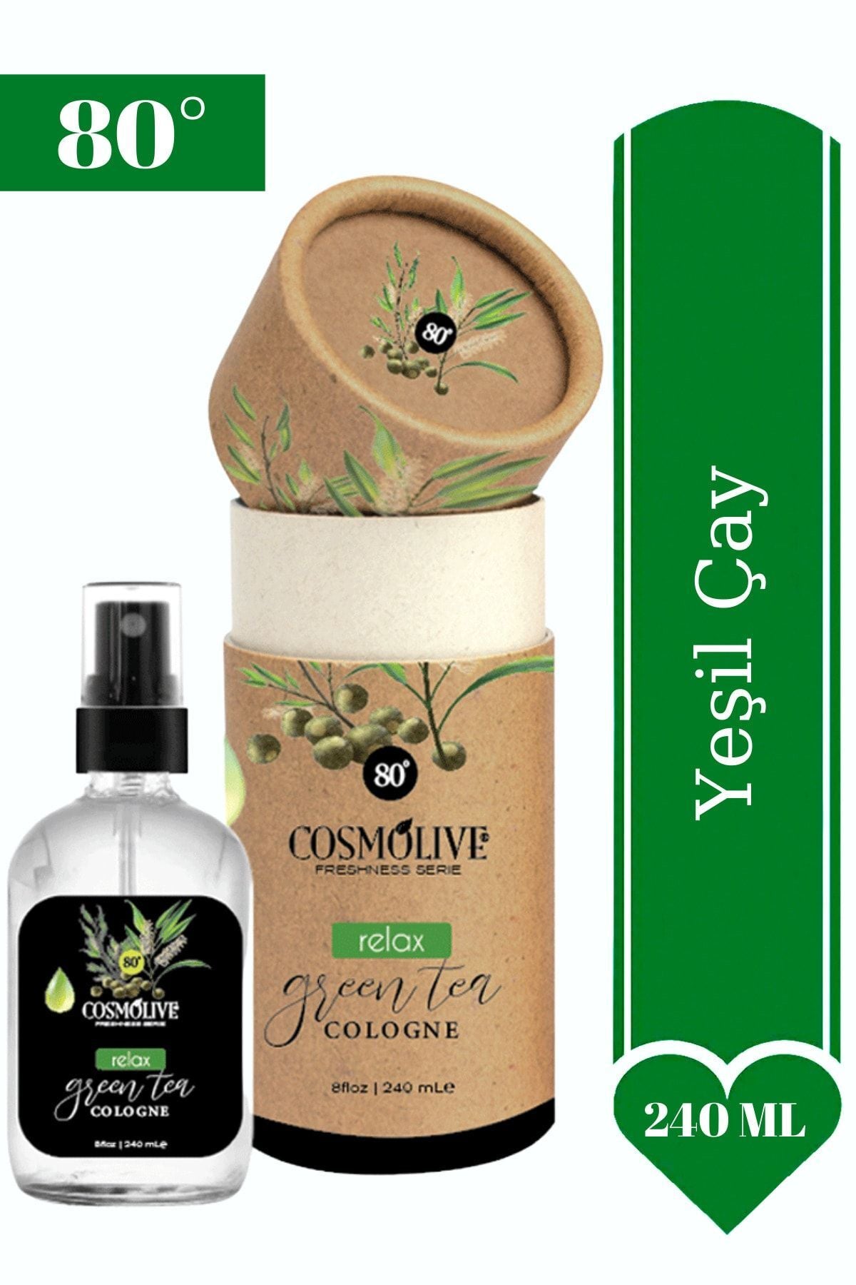 Kolonya Yeşil Çay 80° Spreyli Cam Şişe Kraft Kutu 240 ml