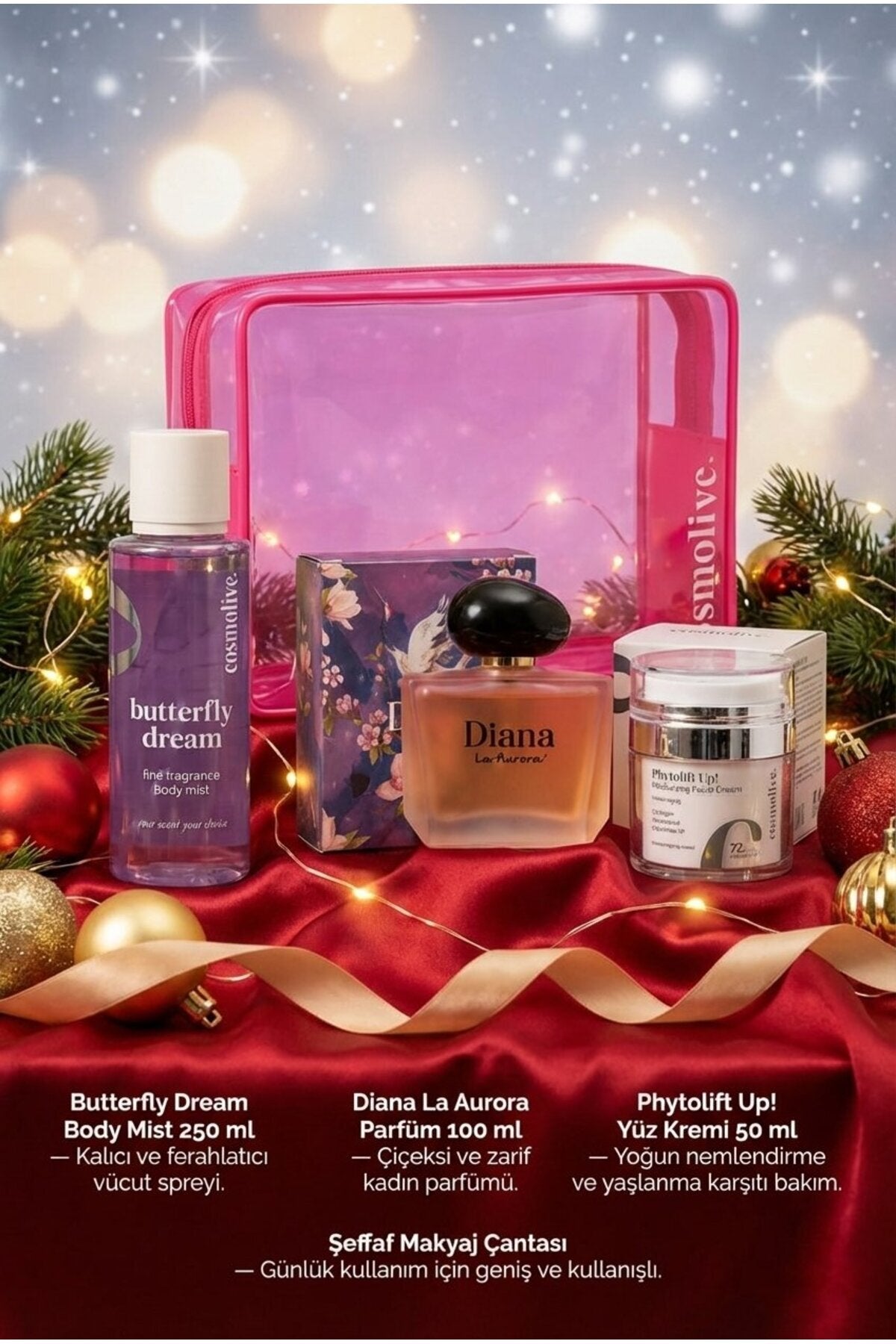 Premium Yılbaşı Ürünleri Hediye Seti Makyaj Çantası, Kadın Parfüm Ve Vücut Spreyi Body Mist - 2