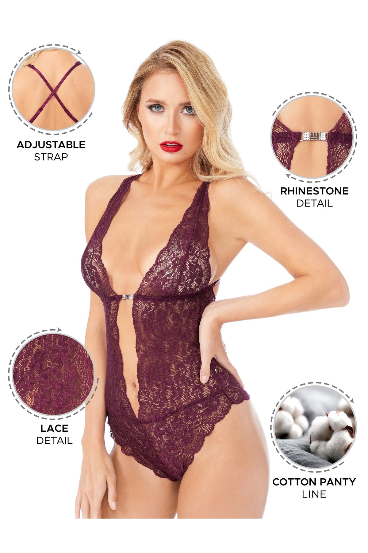 Kadın Babydoll Bodysuit Taş Detaylı Ayarlanabilir Askılar - 3