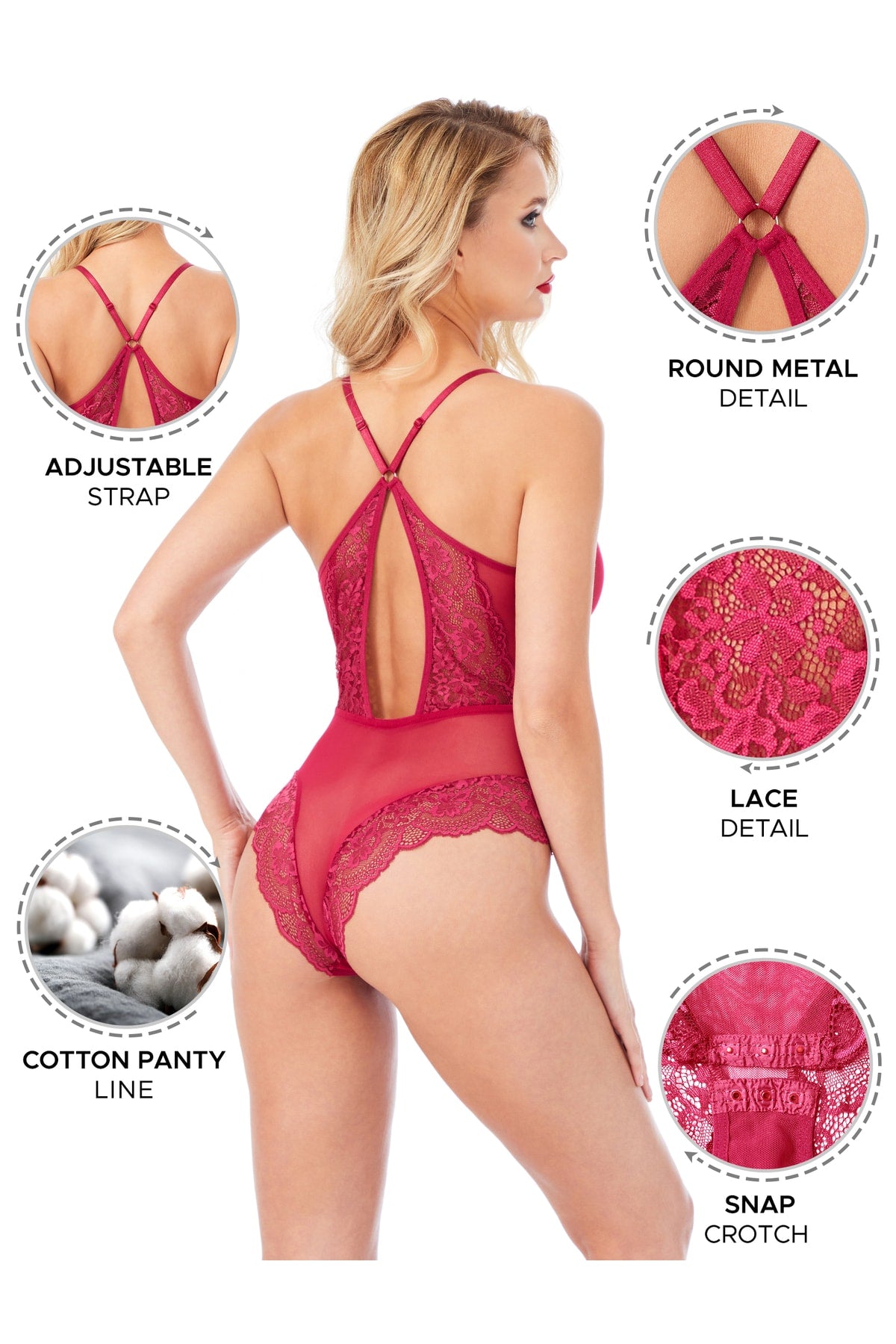 Kadın Bodysuit Babydoll Alttan Çıtçıtlı Dantel Detaylı Askıları Ayarlanabilir Visne Renk - 3