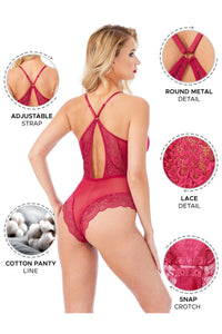 Kadın Bodysuit Babydoll Alttan Çıtçıtlı Dantel Detaylı Askıları Ayarlanabilir Visne Renk - 3