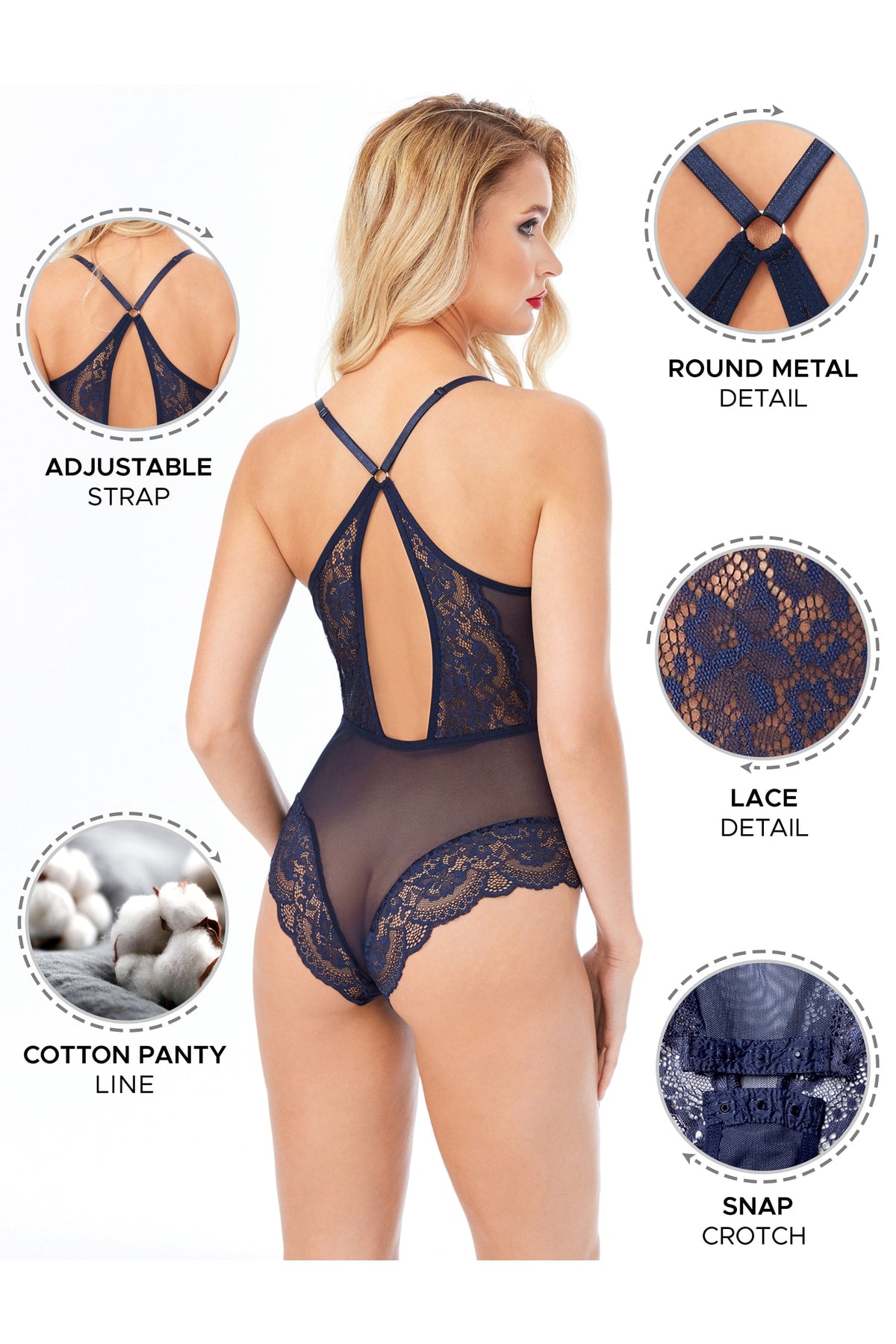 Kadın Bodysuit Babydoll Alttan Çıtçıtlı Dantel Detaylı Askıları Ayarlanabilir Lacivert Renk - 3