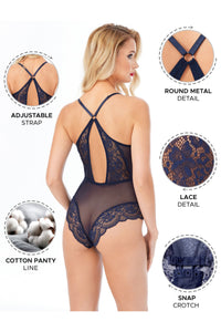 Kadın Bodysuit Babydoll Alttan Çıtçıtlı Dantel Detaylı Askıları Ayarlanabilir Lacivert Renk - 3