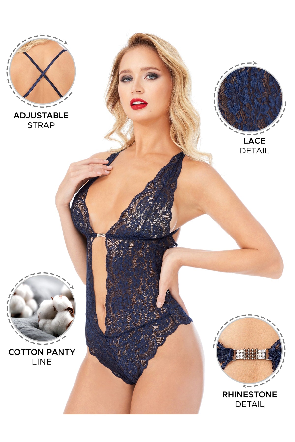 Kadın Babydoll Bodysuit Taş Detaylı Ayarlanabilir Askılar - 3
