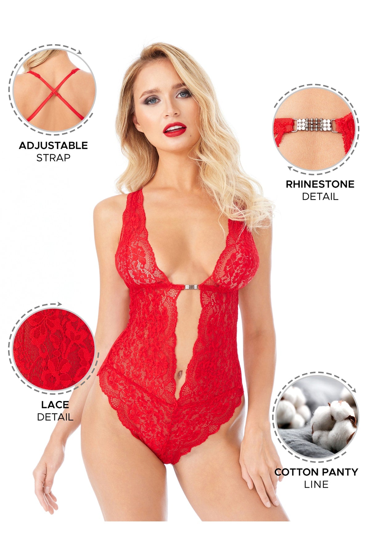 Kadın Babydoll Bodysuit Taş Detaylı Ayarlanabilir Askılar Kırmızı Renk - 3