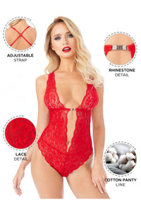 Kadın Babydoll Bodysuit Taş Detaylı Ayarlanabilir Askılar Kırmızı Renk - 3