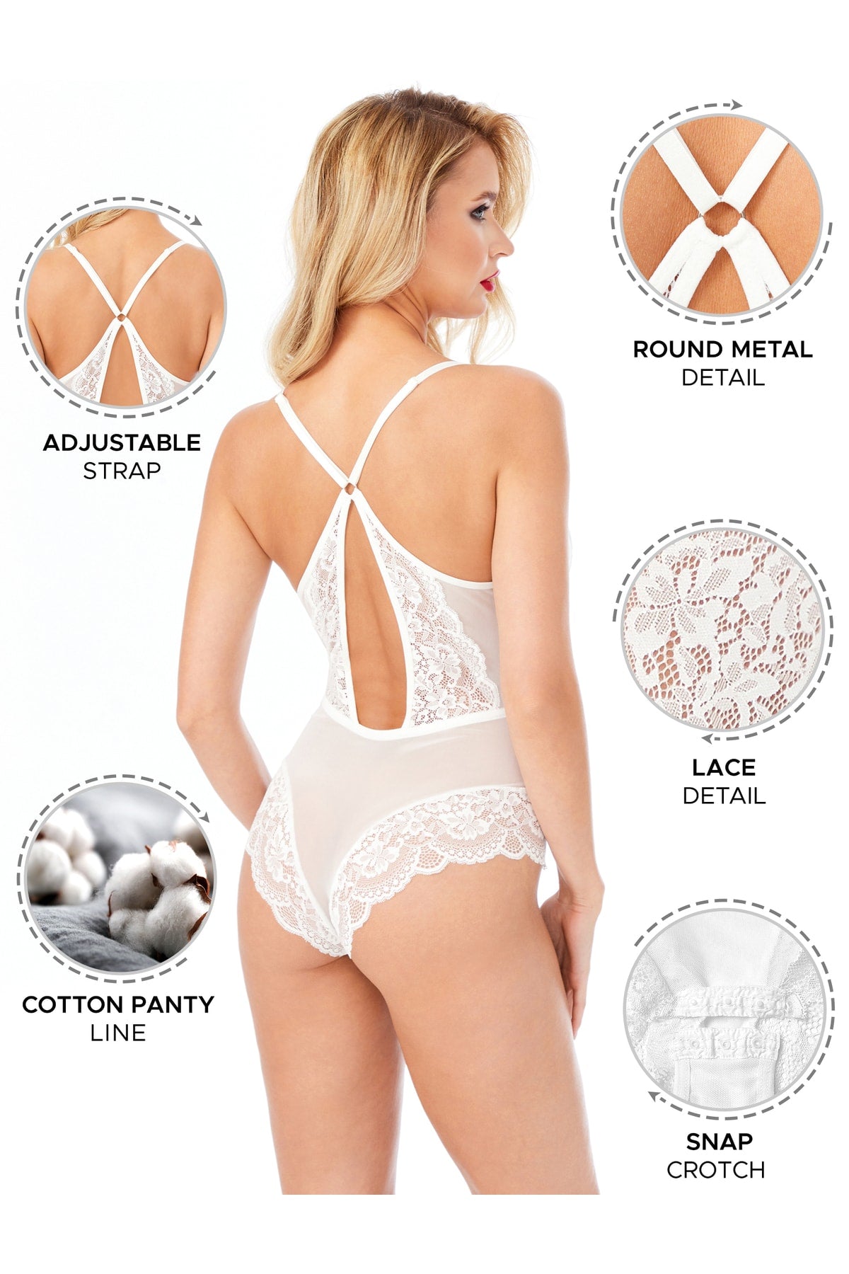 Kadın Bodysuit Babydoll Alttan Çıtçıtlı Dantel Detaylı Askıları Ayarlanabilir Ekru Renk - 3