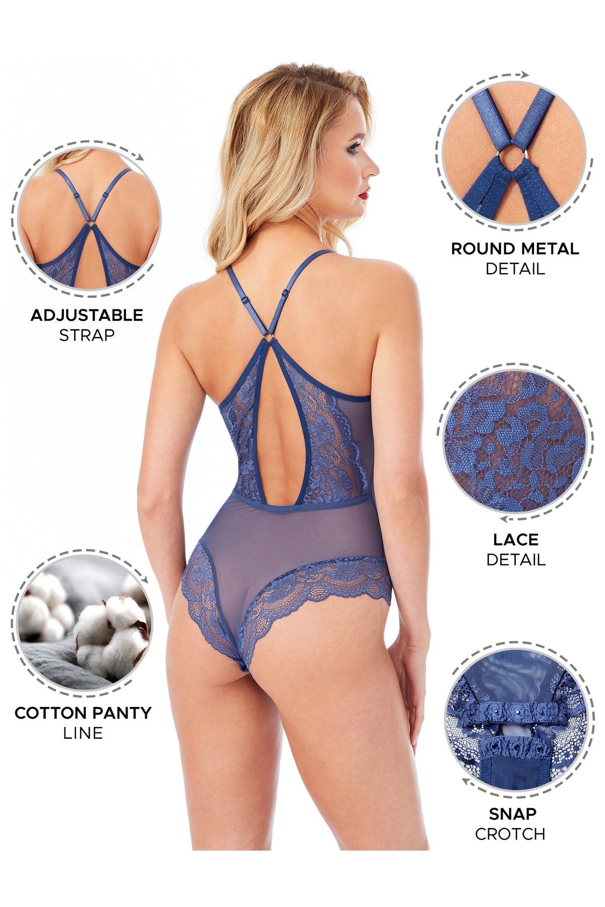 Kadın Bodysuit Babydoll Alttan Çıtçıtlı Dantel Detaylı Askıları Ayarlanabilir Koyu Kobalt - 3