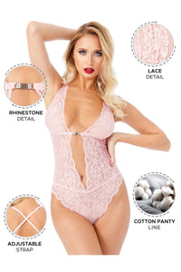 Kadın Babydoll Bodysuit Taş Detaylı Ayarlanabilir Askılar Pudra Renk - 3