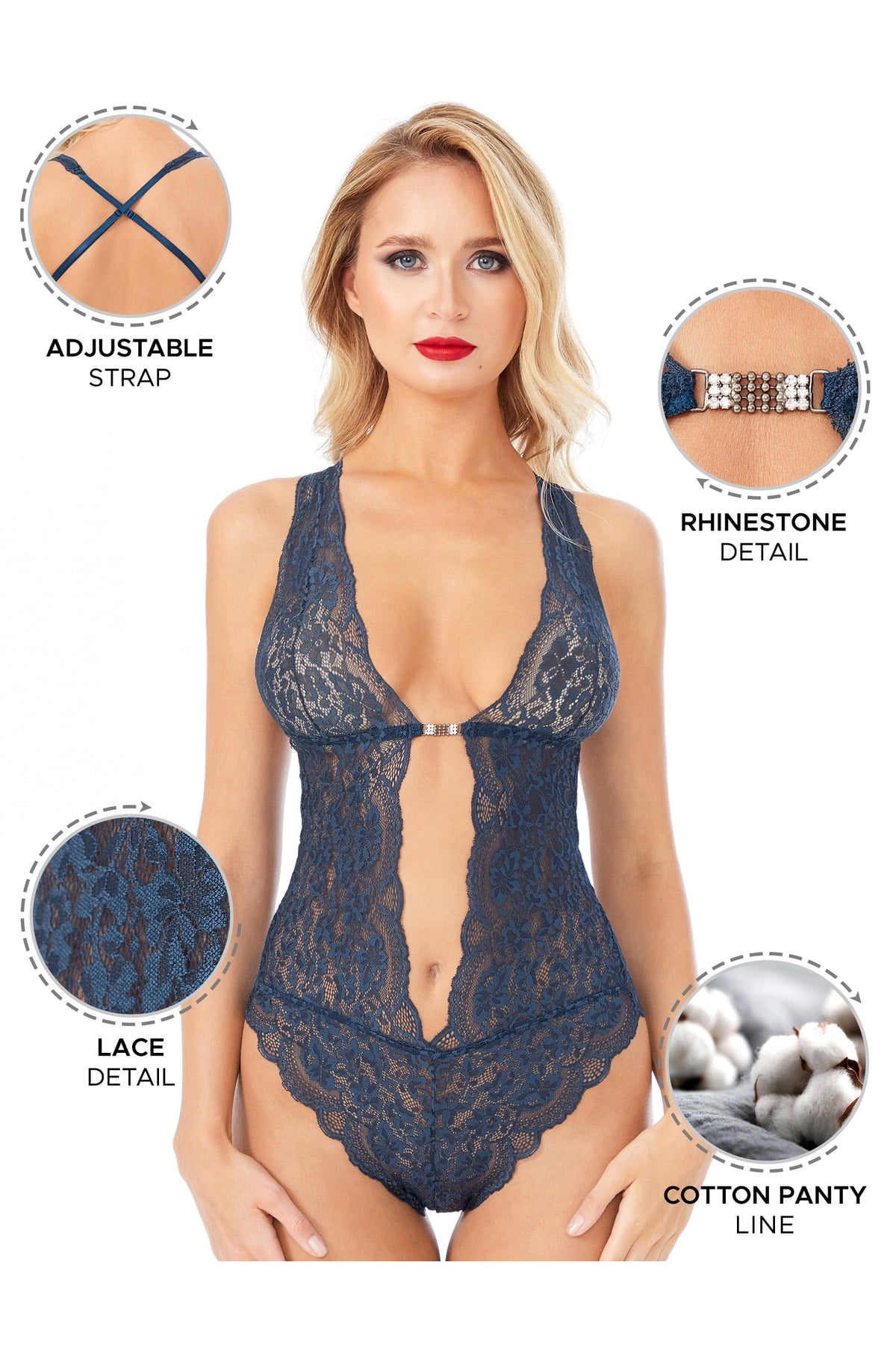 Kadın Babydoll Bodysuit Taş Detaylı Ayarlanabilir Askılar - 3