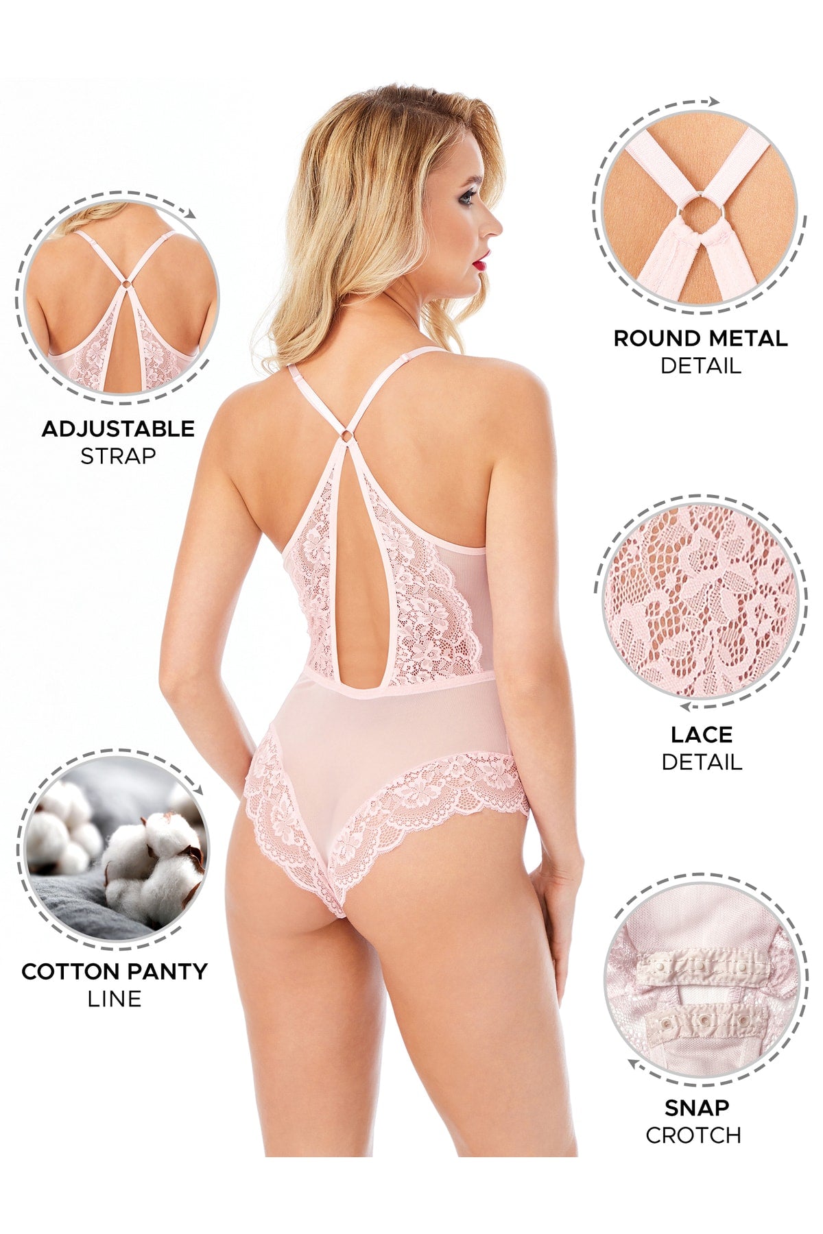Kadın Bodysuit Babydoll Alttan Çıtçıtlı Dantel Detaylı Askıları Ayarlanabilir - 3