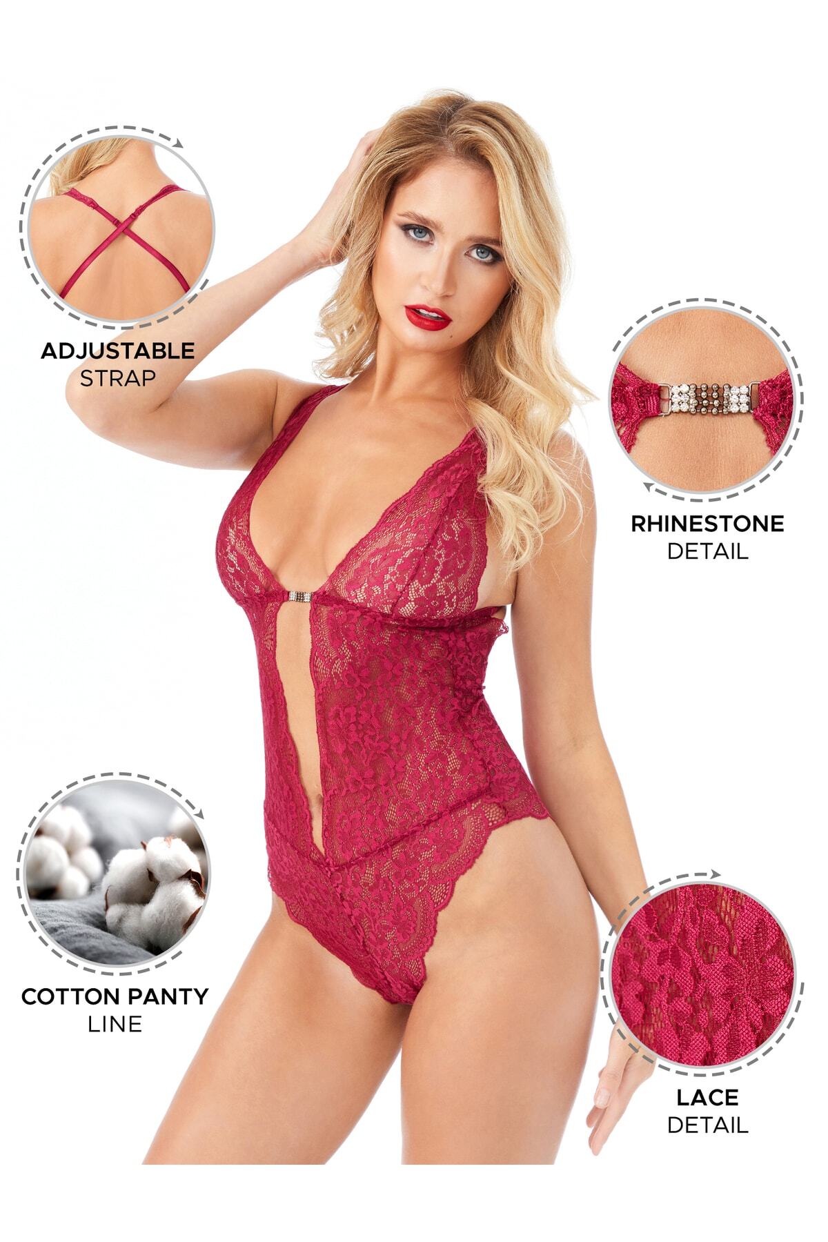 Kadın Babydoll Bodysuit Taş Detaylı Ayarlanabilir Askılar Vişne Renk - 3