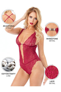 Kadın Babydoll Bodysuit Taş Detaylı Ayarlanabilir Askılar Vişne Renk - 3
