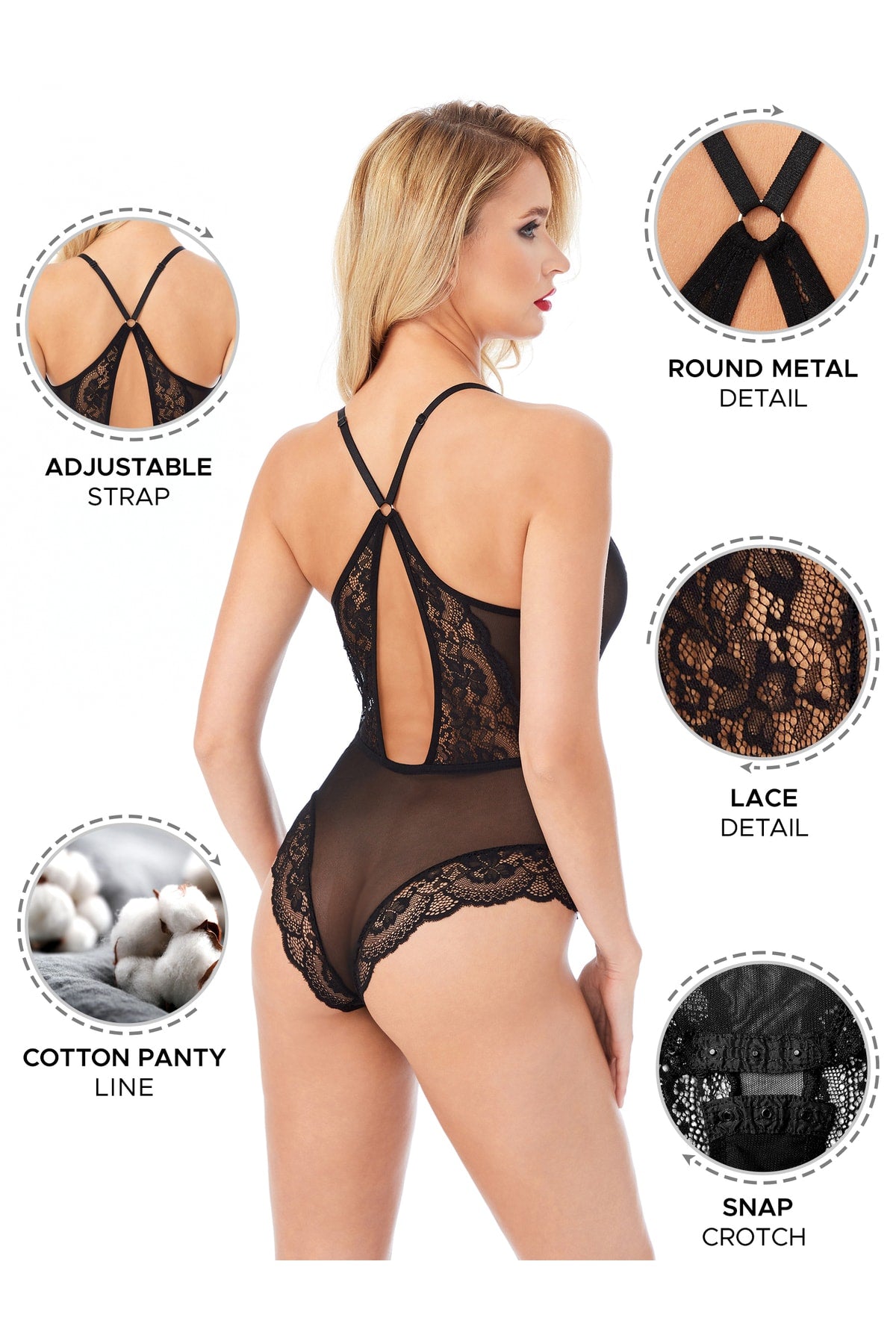 Kadın Bodysuit Babydoll Alttan Çıtçıtlı Dantel Detaylı Askıları Ayarlanabilir Siyah Renk - 3