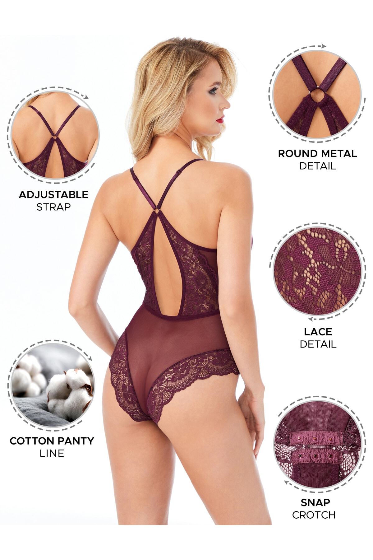 Kadın Bodysuit Babydoll Alttan Çıtçıtlı Dantel Detaylı Askıları Ayarlanabilir Mürdüm - 3