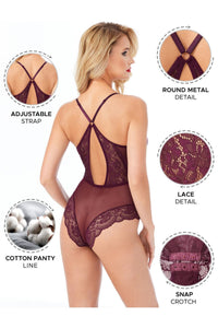 Kadın Bodysuit Babydoll Alttan Çıtçıtlı Dantel Detaylı Askıları Ayarlanabilir Mürdüm - 3