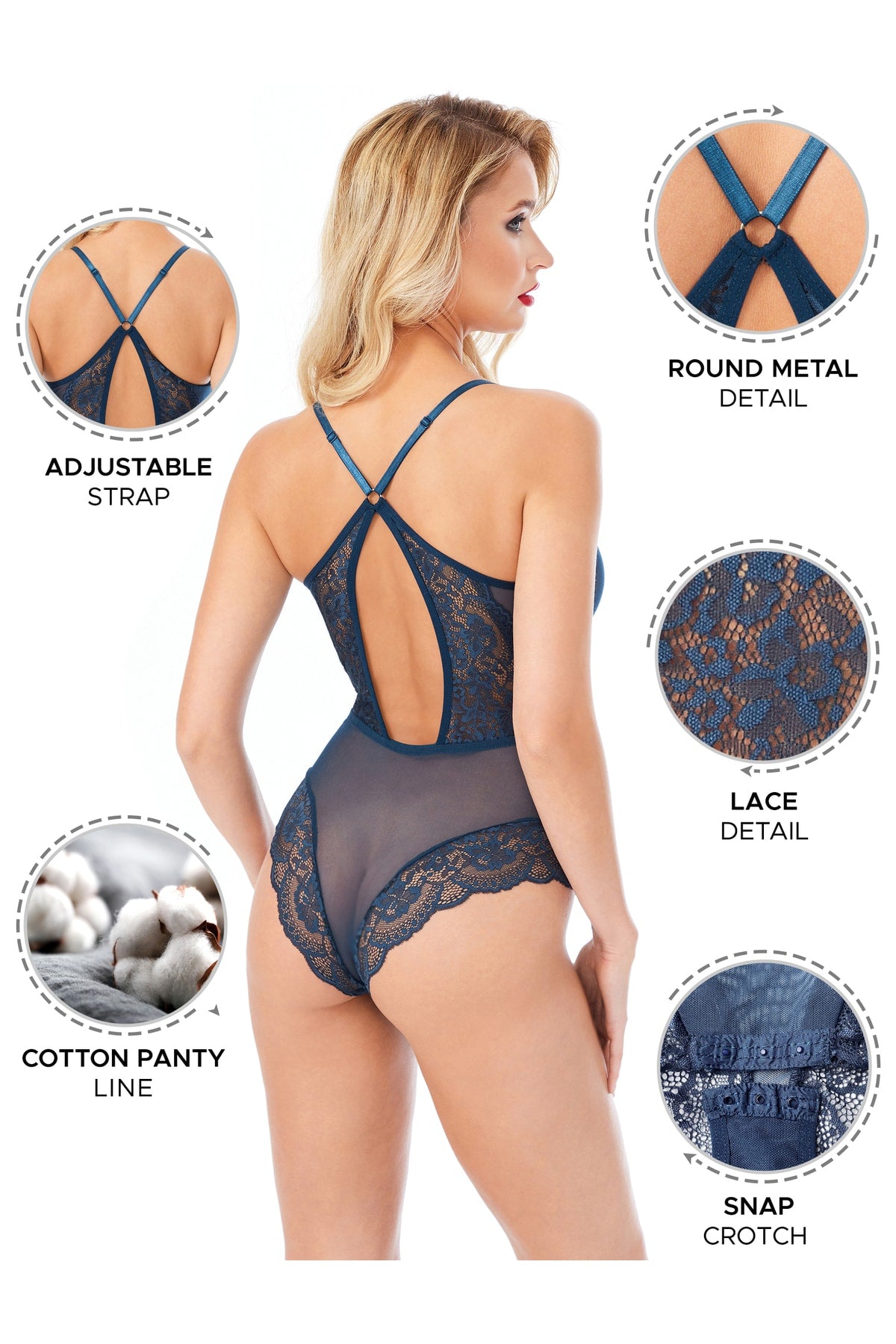 Kadın Bodysuit Babydoll Alttan Çıtçıtlı Dantel Detaylı Askıları Ayarlanabilir Petrol Yeşili - 3