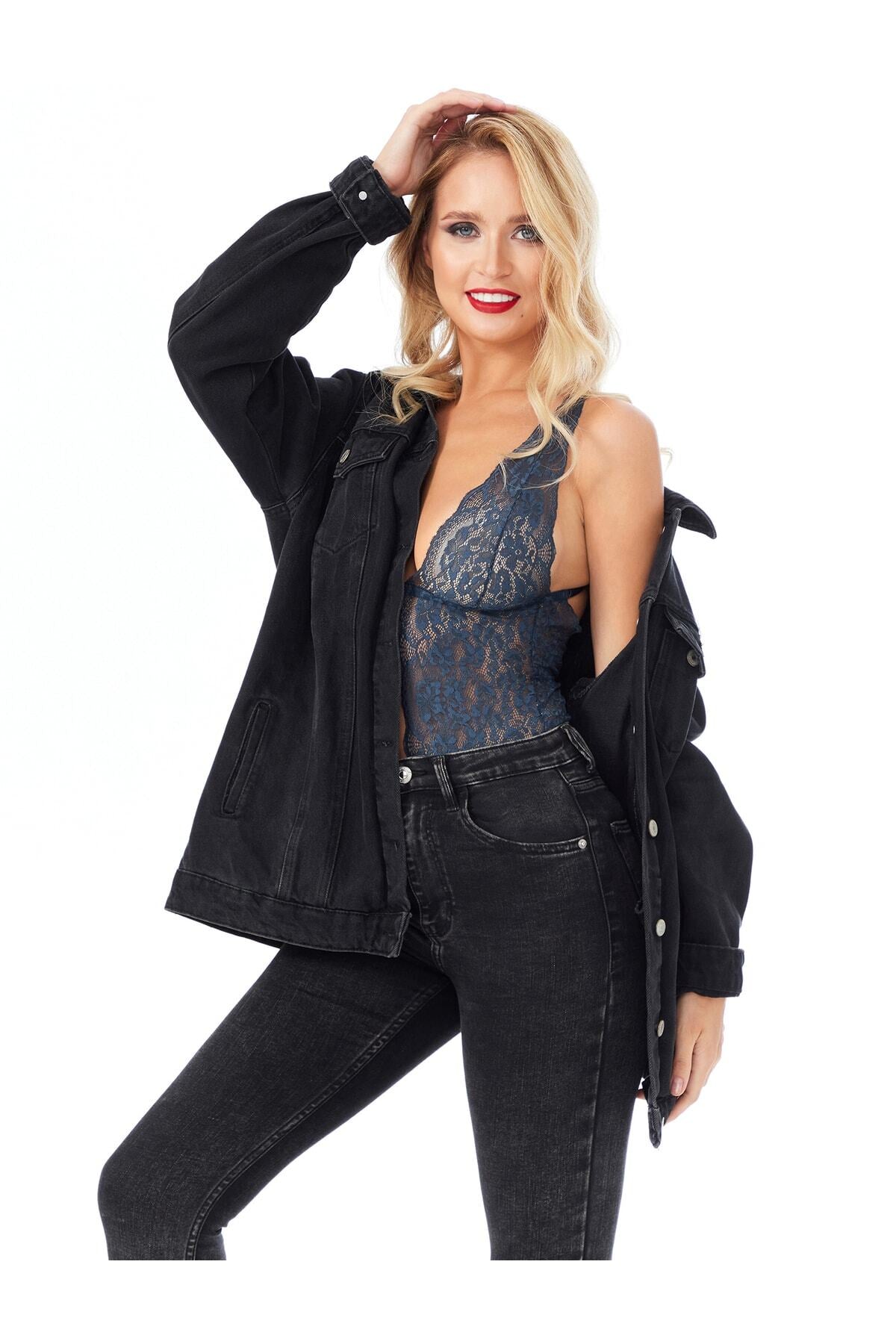 Kadın Babydoll Bodysuit Taş Detaylı Ayarlanabilir Askılar - 4