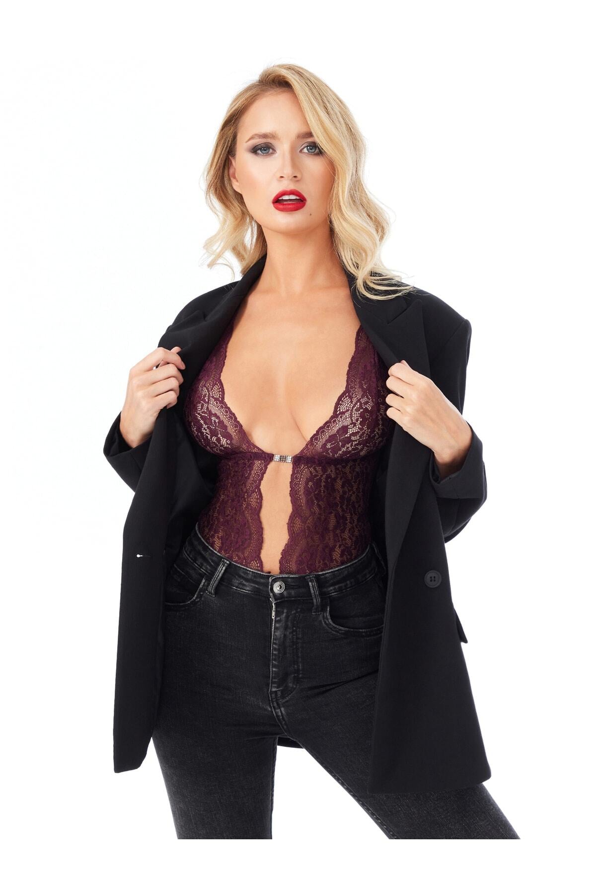 Kadın Babydoll Bodysuit Taş Detaylı Ayarlanabilir Askılar - 4
