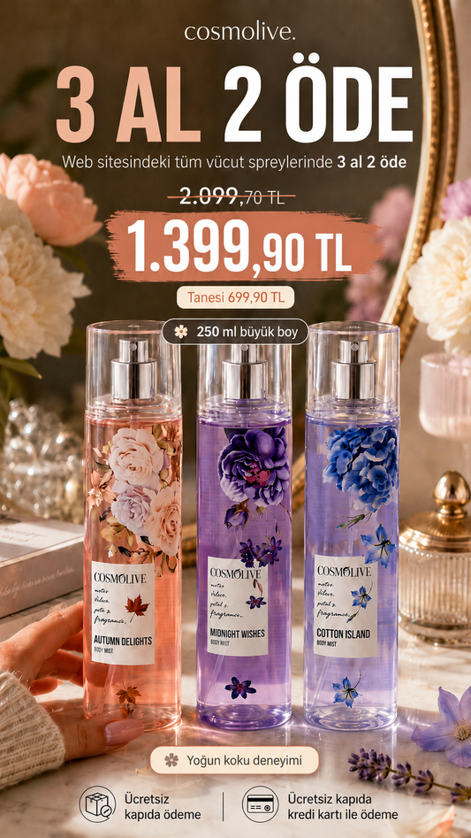Cosmolive 3’lü Premium Body Mist Seti – 3 Al 2 Öde | 250 ml x 3