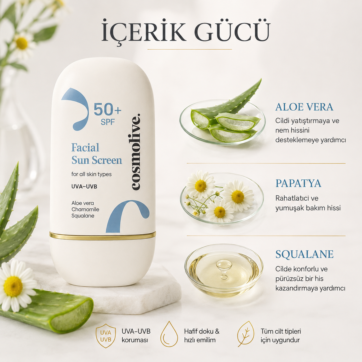 Cosmolive Facial Sun Screen SPF 50+ Yüz Güneş Kremi 50 ml