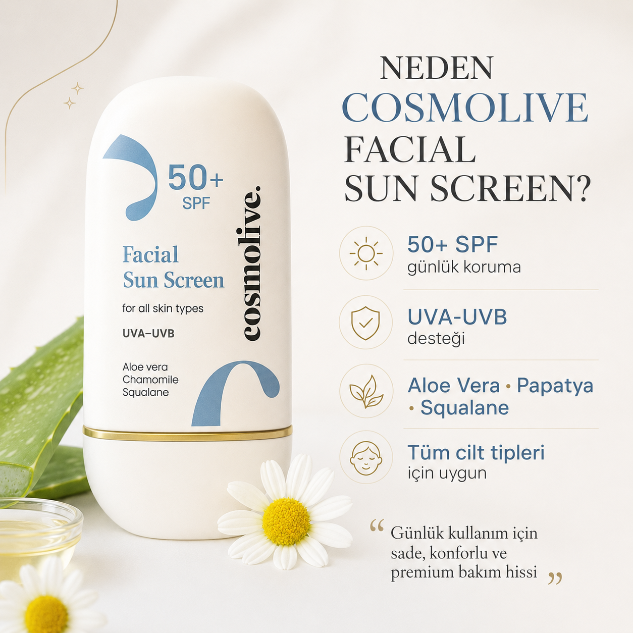 Cosmolive Facial Sun Screen SPF 50+ Yüz Güneş Kremi 50 ml