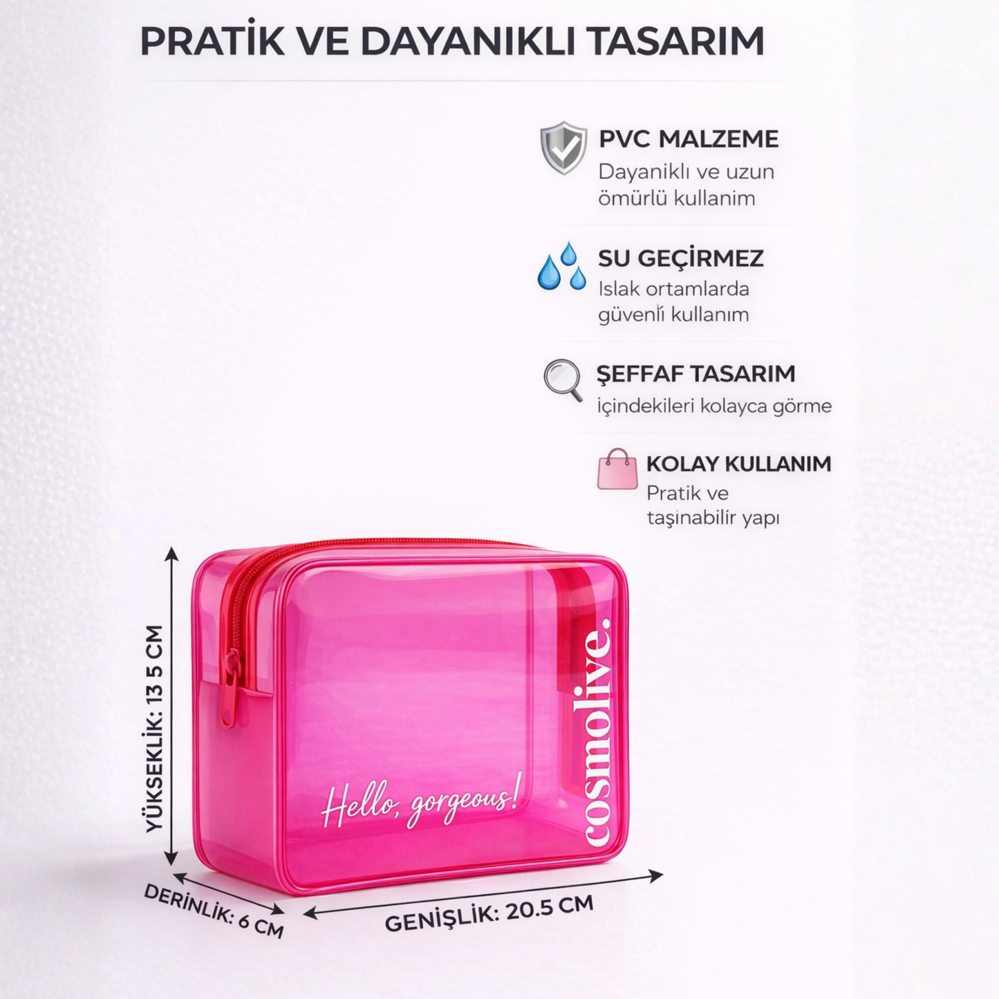 Şeffaf Seyahat Cilt Bakım, Makyaj ve Kozmetik Düzenleme Çantası PVC Pembe_Large