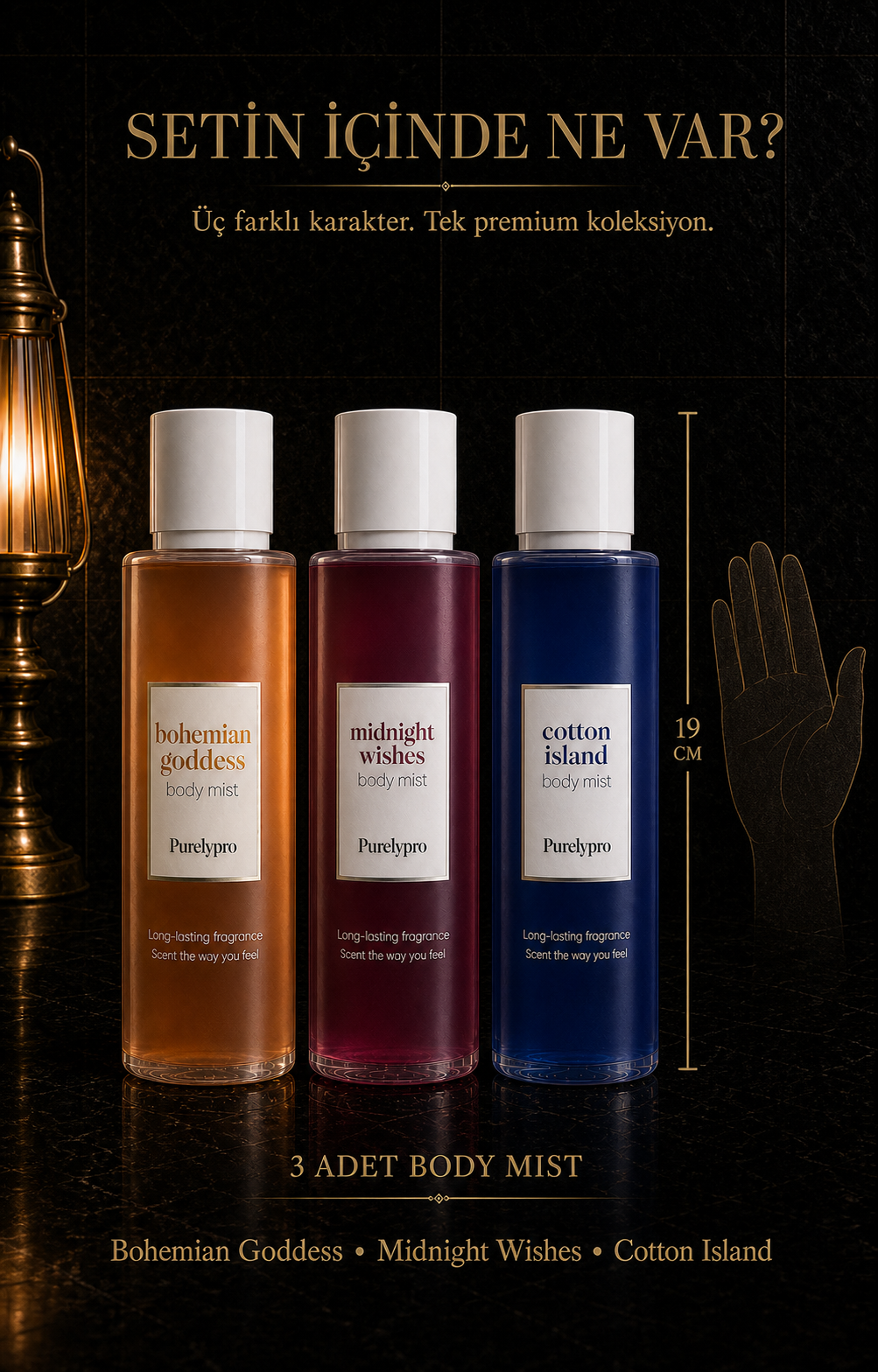 Purelypro 3’lü Premium Body Mist Seti içeriği; üç adet 19 cm body mist