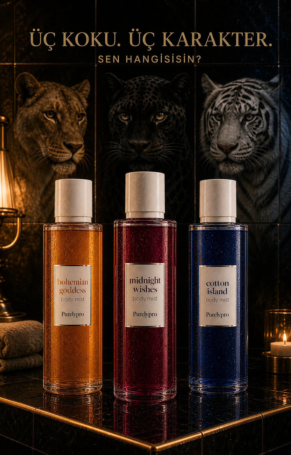 Purelypro 3’lü Premium Body Mist Seti; üç koku, üç karakter ve hayvan sembolleri