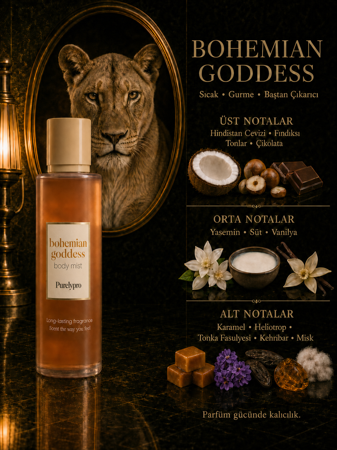 Bohemian Goddess body mist, dişi aslan ve sıcak gurme koku notaları