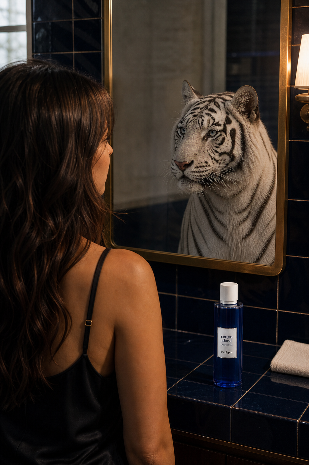 Cotton Island body mist tezgahta, aynada beyaz kaplan karakteri
