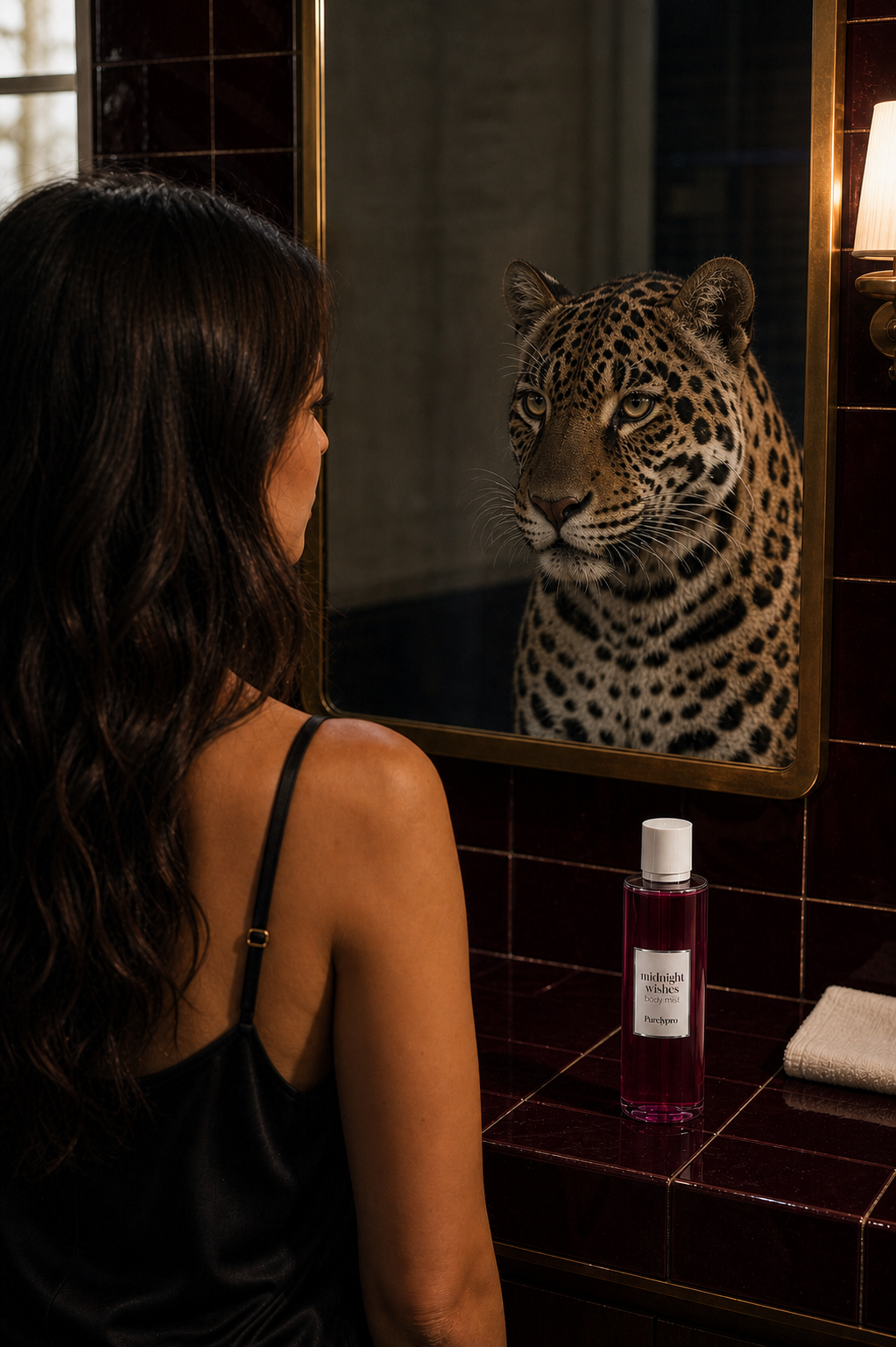 Midnight Wishes body mist tezgahta, aynada dişi jaguar karakteri