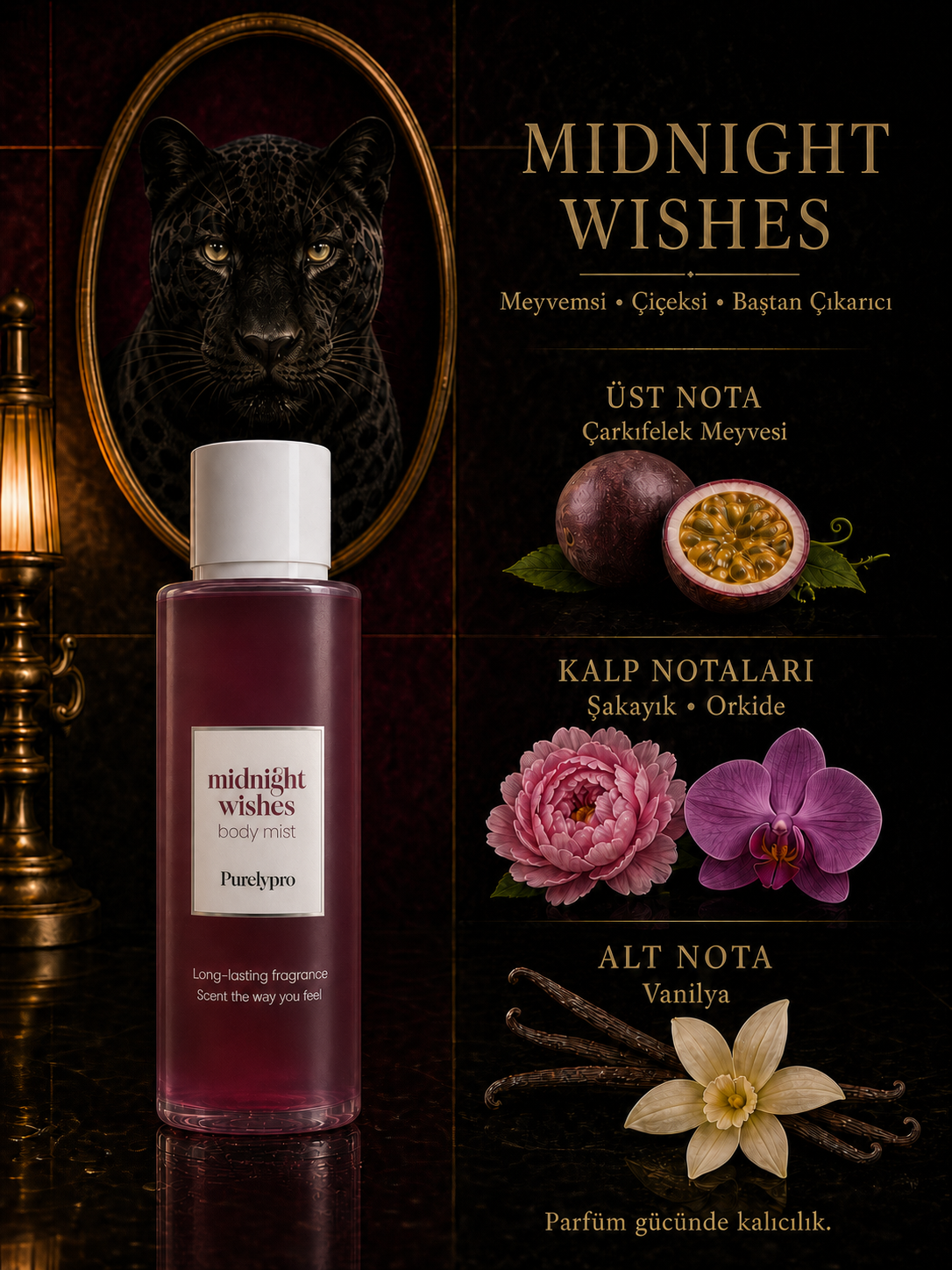 Midnight Wishes body mist, dişi jaguar ve meyvemsi çiçeksi koku notaları