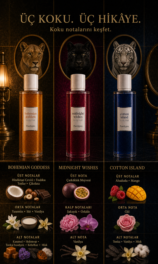 Üç koku, üç hikâye: Bohemian Goddess, Midnight Wishes ve Cotton Island koku notaları tek karede